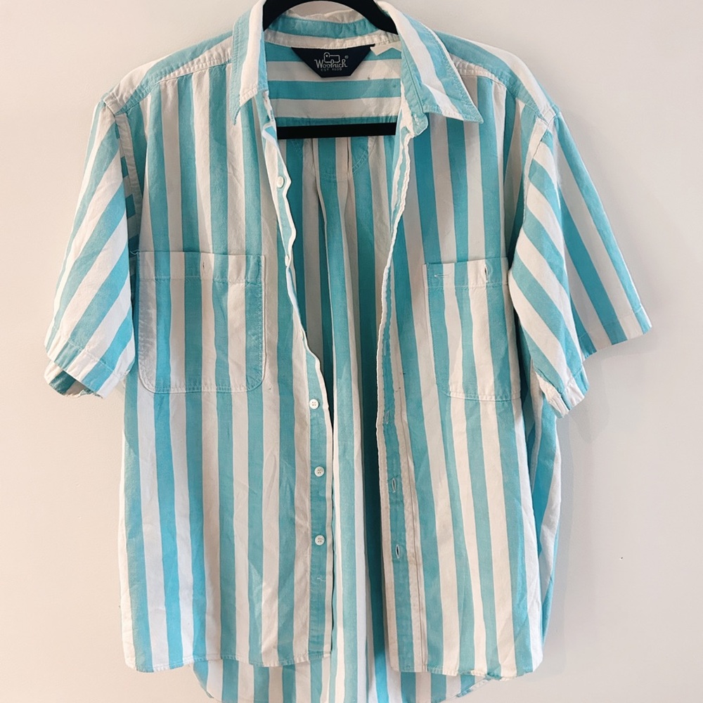 Woolrich Men's Short Sleeve Vertical Stripe Shirt - Aqua & White